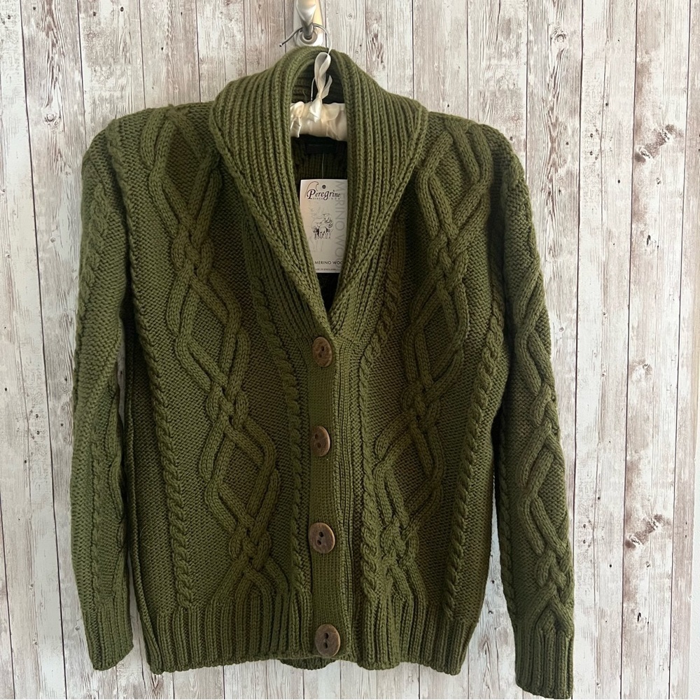 Peregrine Women's Wool Green Cable Knit Cardigan New Preppy Fisherman Medium